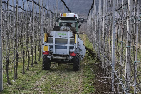 Stöckl trailer-mounted side spreader in use on an apple orchard