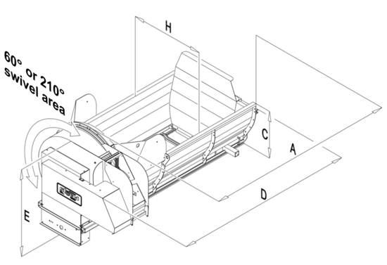 Visualisation of the dimensions for the dimension table of a Stöckl mounted side spreader. H = trough width, C = side wall height, A = scraper floor length, D = total length, E = total height