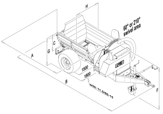 Visualisation of the dimensions for the dimension table of a Stöckl trailed side spreader. H = Hopper width, G = Height of side walls from floor, C = Height of side walls from scraper floor, A = Scraper floor length, B = Total length, F = Total height, 1800mm total width with 11.5/80-15 tyres, 1500mm track width