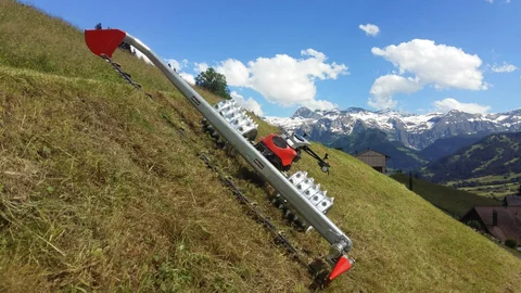 Aebi CC with Stöckl spiked wheels and double-knife mower on extreme slopes